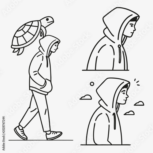 Canvas Print Minimalist line art illustrations, hooded figure, turtle, walking, emotive expre