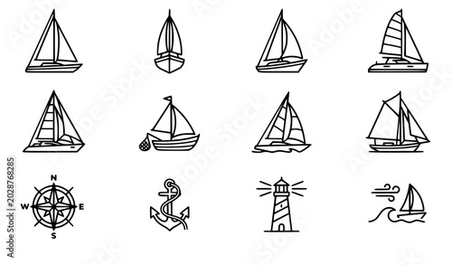 Bilde på lerret Vintage sailboat icon set with maritime yacht navigation compass rose anchor and