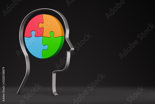 Human head profile showing colorful brain puzzle concept