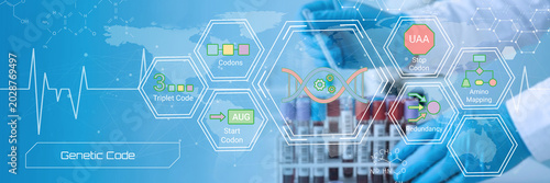 Fotografie Illustrative infographic explaining the genetic code with codons triplet sequenc
