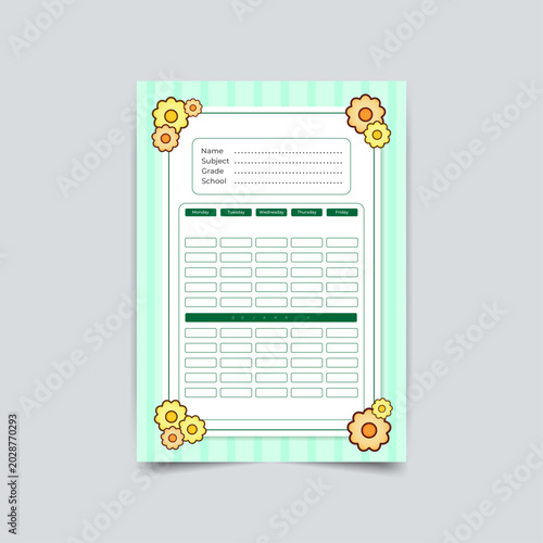 Printable Student Timetable Design with Space for Personal Details, Vintage Elegant Style