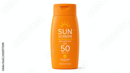 Orange sunscreen bottle SPF 50 isolated on white background for summer skincare