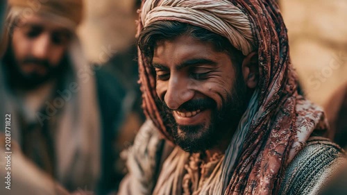 Close up face of Judas looking worried but smiling, biblical character portrait with inner conflict, betrayal, faith, and dramatic storytelling concept.