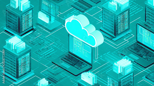 Cloud computing network illustration with servers and laptops representing data storage and network technology.