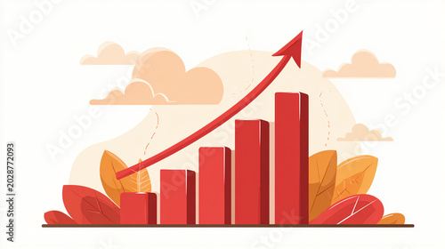 A dynamic bar graph illustrates a steady upward trend, with a bold red arrow indicating significant growth and success. Abstract plant motifs and stylized clouds create a visually appealing backdrop.