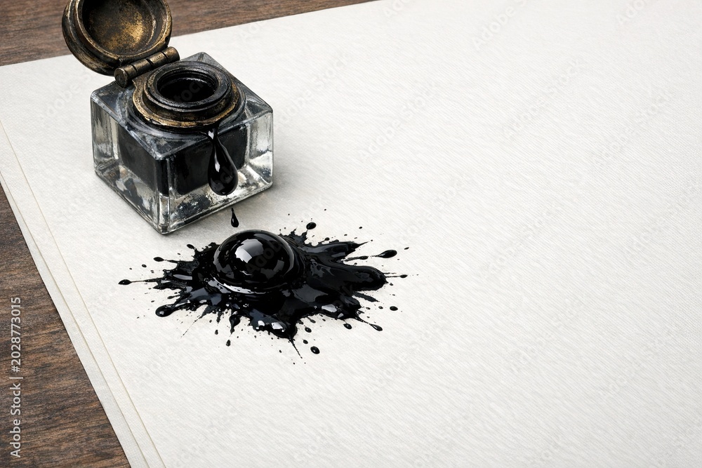 Fototapeta premium A black ink bottle sitting on a piece of paper, great for adding a touch of elegance to any design