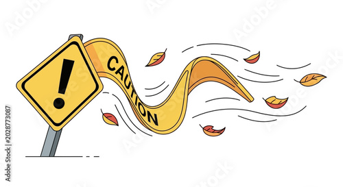 Fotografía Caution Sign with Banana Peel, Autumn Leaves, and Wind