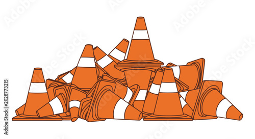 Quadro su tela Pile of Orange Traffic Cones with White Stripes