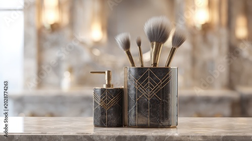 Elegant marble bathroom accessories set with modern gold geometric accents