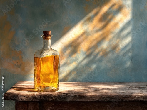 Glass Bottle Filled with Golden Liquor on Rustic Wooden Surface with Light Shadows