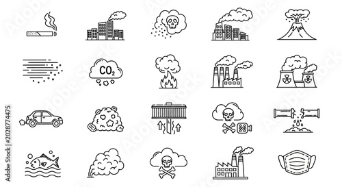 Foto Diverse line icons illustrating environmental pollution concepts industrial emis