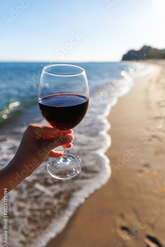 Hand holding red wine glass by ocean waves on sandy beach sunny summer vacation lifestyle relaxation coastal scenery
