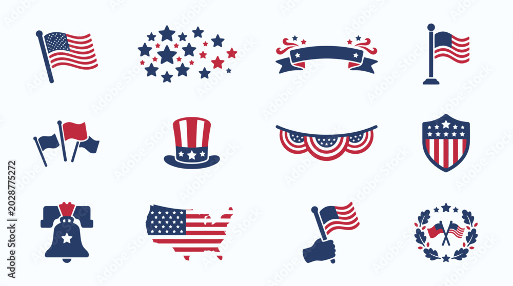 Fototapeta premium Patriotic american icons set with flags hat and symbols for independence day