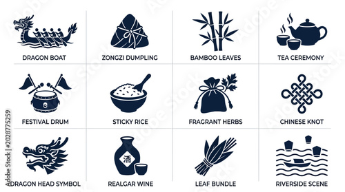 Dragon boat festival icons set chinese traditional symbols zongzi tea ceremony sticky rice cultural elements