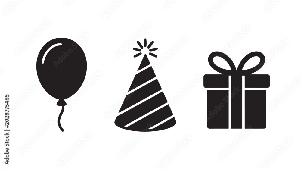 Obraz premium Birthday Icons Black Balloon Party Hat Gift Box Vector Set Isolated on White Background