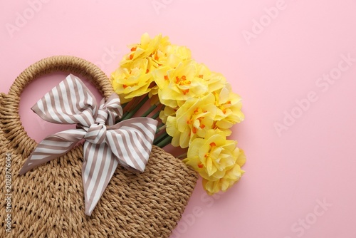 Wicker bag with beautiful yellow double daffodils and bow on pink background,...