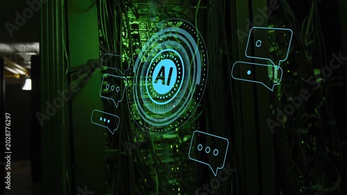 AI emblem appearing, server rack pulsing, rings rotating and bubbles orbiting to show activation