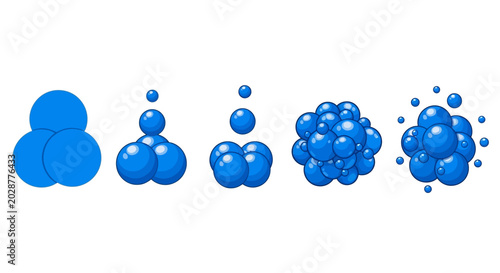 Stages of growth and development illustrated by a series of blue spheres or bubbles, progressing from simple to complex formations