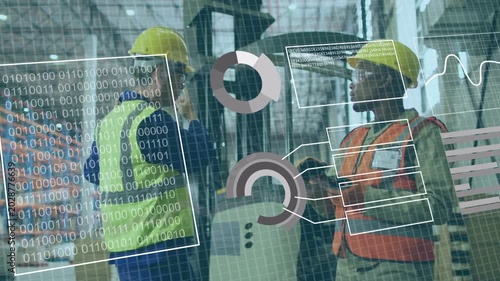 Right worker tapping device and pointing at warehouse forklift, left nodding, AR charts diagnosing