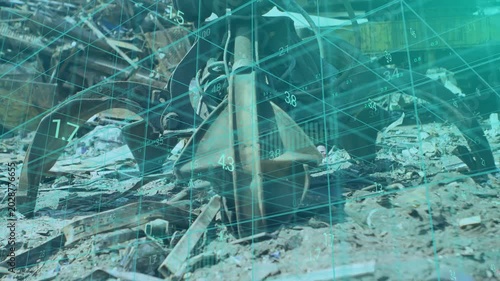 Teal grid appearing, rusted grab centered, numeric readouts scanning shaft, assessing damage
