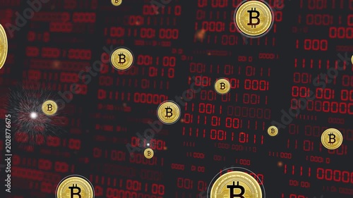 Gold Bitcoin coins entering and drifting as left spark appearing, forming parallax and showing data