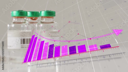 On narration start three vials anchoring left while magenta bars rising to show vaccine trend