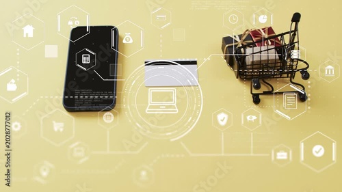 HUD overlays appearing and expanding over smartphone, white card, wire cart, showing commerce data