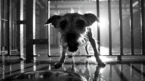 Black and white shot of a wet, small dog in a cage, looking directly at the camera with water on the floor