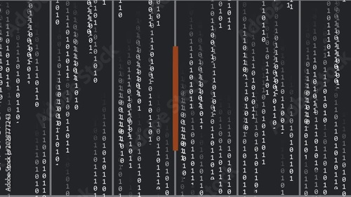 Falling binary digits starting at top causing centered gold Bitcoin coin shading, showing data flow