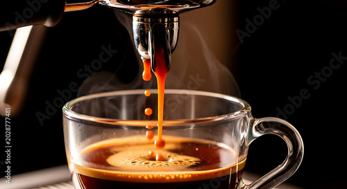 Espresso pouring into a clear glass cup