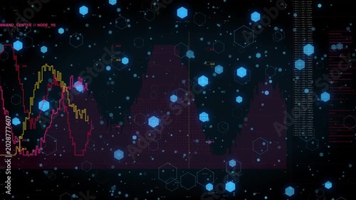 Data stream arriving, updating UI for ops with drifting blue hex and climbing magenta or yellow trac