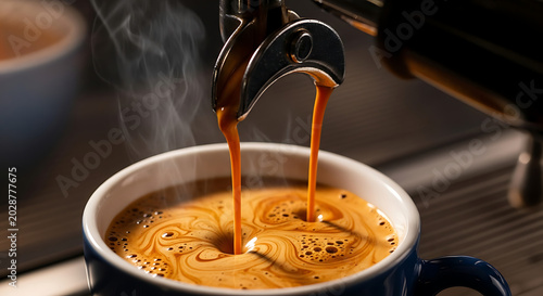 Espresso pouring into a blue coffee cup