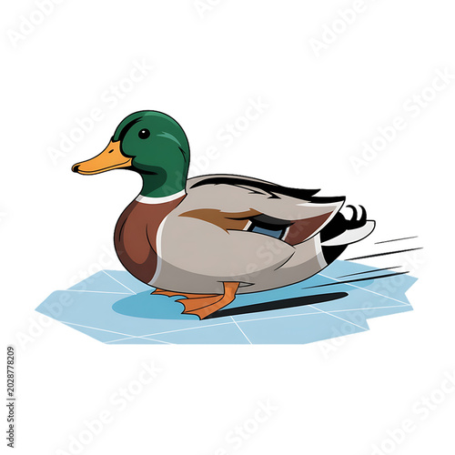 A vibrant duck glides across ice, showcasing feathers in shades of brown, green, and yellow.