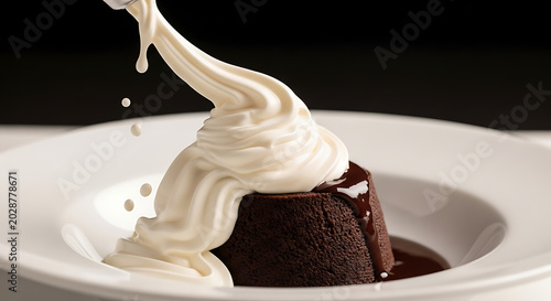 Chocolate cake with whipped cream on a white plate