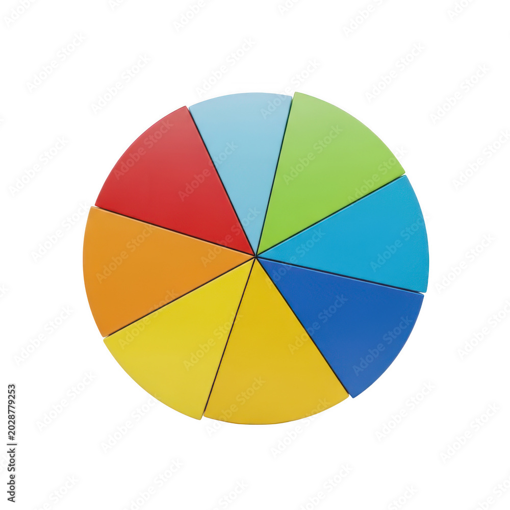 Fototapeta premium Colorful pie chart with equal divided sections in a circle isolated on transparent background