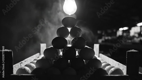 Black and White Artistic Pyramid of Eggs Lit by a Glowing Light Bulb Inside a Rustic Wooden Crate