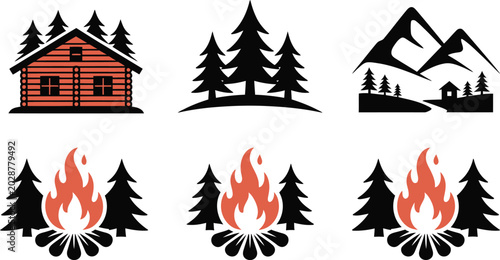 Photos Forest cabin vector, glowing campfire mountains and night sky for camping travel