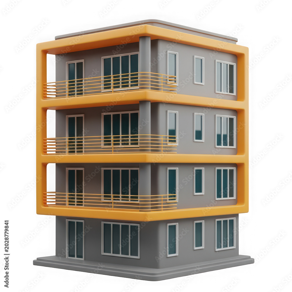 Fototapeta premium Modern three story apartment building icon with yellow balcony frames isolated on transparent background