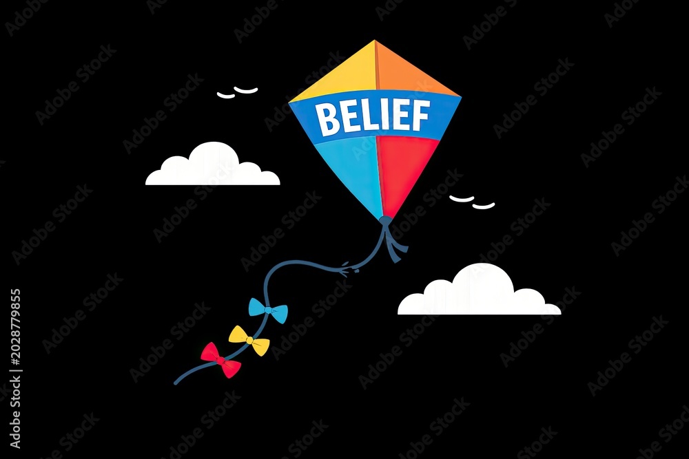 Fototapeta premium A colorful kite soaring in the sky with the word 'belief' written on it