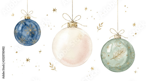 Hand-Painted Holiday Illustration Showcasing Refined Decorative Baubles Surrounded by Soft Gold Stars and Leaves in a Gentle Seasonal Style
