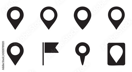 Collection of map pins and location pointers for navigation and travel planning.