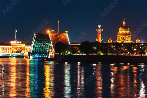 Foto The raised Palace Bridge, the Rostral Column and St Isaac's Cathedral
