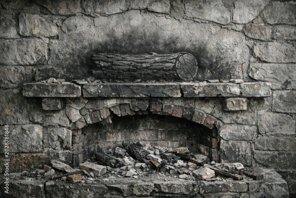 Fototapeta premium A rustic rock fireplace with a pile of stones on top