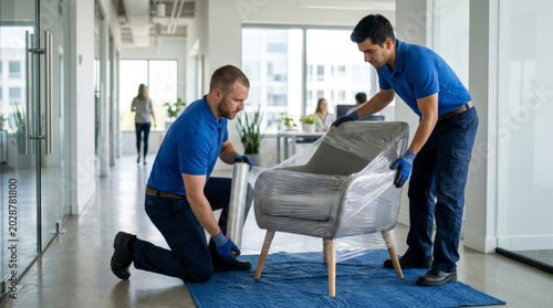 Two male movers carefully unpacking a modern chair in a bright office environment.