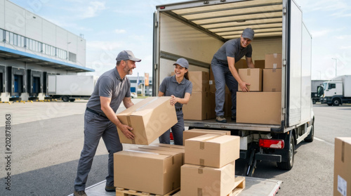 Three delivery workers, a mixed-race man, a woman of Asian descent, and a Caucasian man, efficiently loading boxes into a truck.