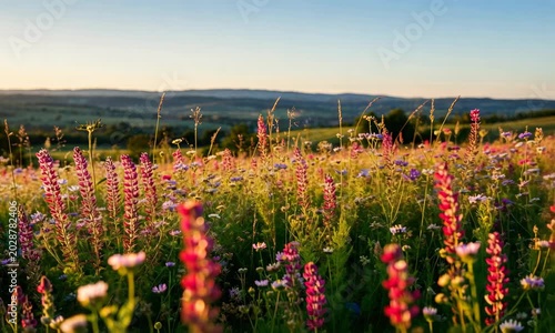 Scenic meadow filled with colorful wildflowers under clear sky