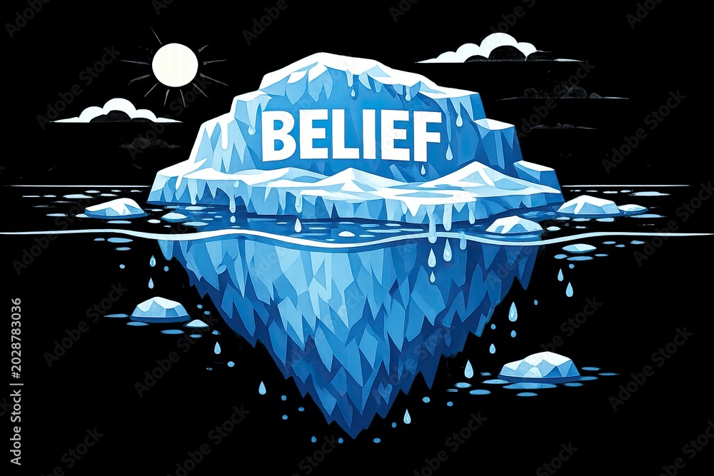 Naklejka premium A massive iceberg with a clear message 'Belief' inscribed on its surface