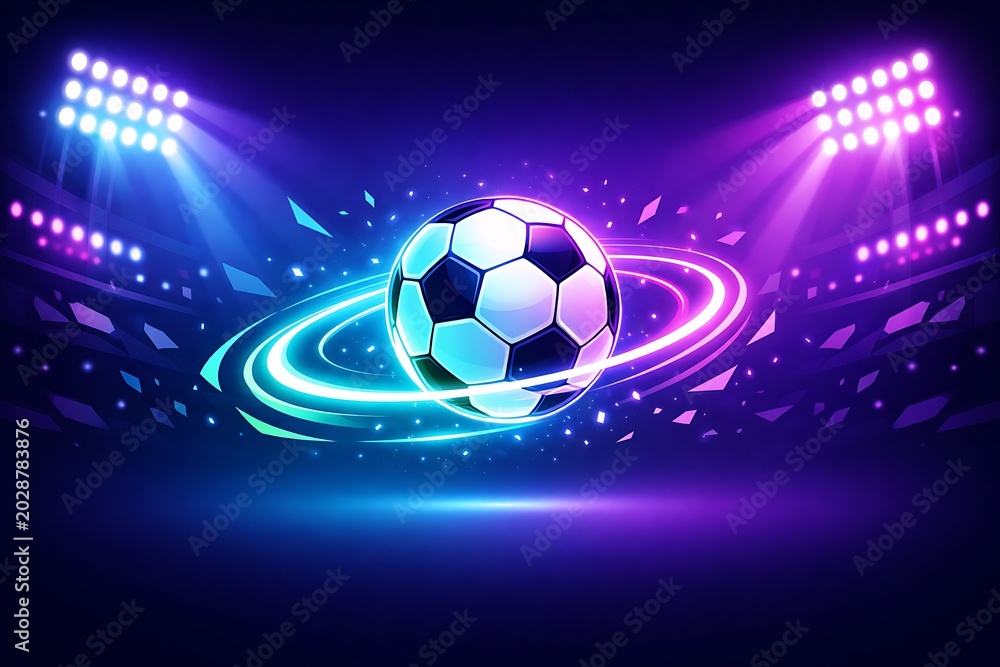 Naklejka premium Football world cup poster banner futuristic neon soccer ball in glowing stadium background