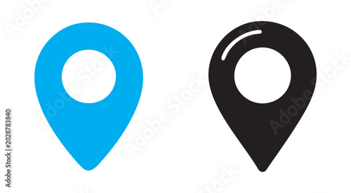 Two location pin icons featuring solid blue marker and black marker with highlight for map design.