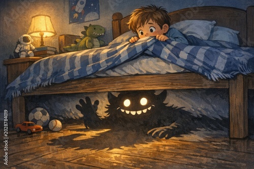 A young boy seeking refuge under a bed